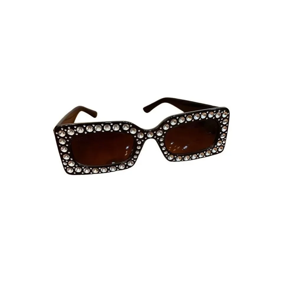 GUCCI black rectangle Diamond Cut Embellished Interlocking Gold G Sunglasses Vtg
